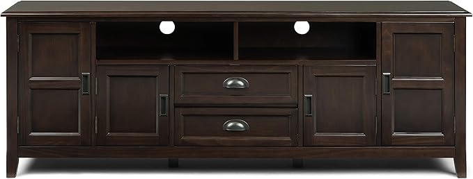 SIMPLIHOME Burlington SOLID WOOD Universal TV Media Stand, 72 inch Wide, Traditional, Living Room Entertainment Center with Storage, for Flat Screen TVs up to 80 inches in Mahogany Brown - LeafyLoom