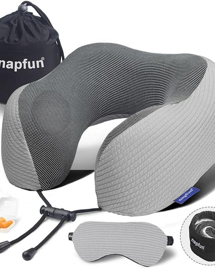 napfun Neck Pillow for Traveling, Upgraded Travel Neck Pillow for Airplane 100% Pure Memory Foam Travel Pillow for Flight Headrest Sleep, Portable Plane Accessories, Striped Light Grey - LeafyLoom