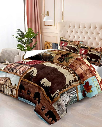 LUVIVIHOME 3PCS Deer Bear Cabin Comforter Set, Full Size Comforter, Elk Moose Forest Animal Wildlife Hunting Hunter Buffalo Plaid Patchwork Quilt Country Lodge Rustic Farmhouse Bedding, 2 Pillow Shams - LeafyLoom