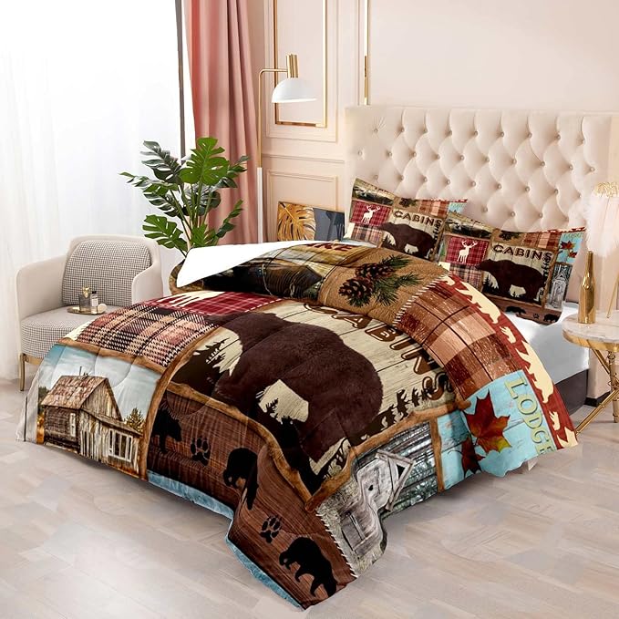 LUVIVIHOME 3PCS Rustic Cabin Comforter Set Queen, Lodge Bedding, Elk Moose Deer Bear Forest Woodland Animals Wildlife Hunting Country Farmhouse Red Buffalo Plaid Patchwork Quilt, 2 Pillow Shams - LeafyLoom