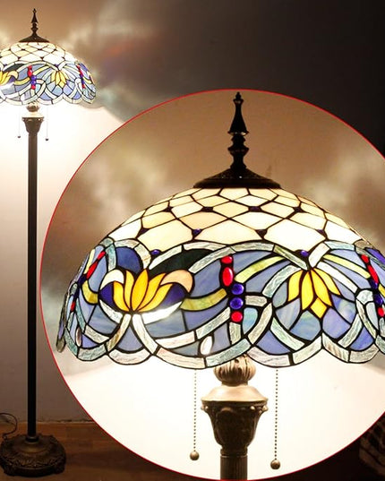 WERFACTORY Tiffany Floor Lamp Blue Lotus Stained Glass Flower Standing Reading Light 16X16X64 Inches Antique Pole Corner Lamp Decor Bedroom Living Room Home Office S220 Series - LeafyLoom