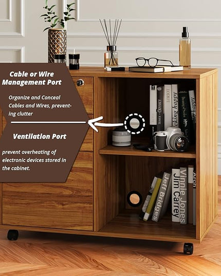 Maxtown Wood Filing Cabinet, Mobile Lateral Filing Cabinet with Lock, 3 Drawer Filing Cabinet with Open Storage Shelves, Printer Stand for Home Office, Teak - LeafyLoom