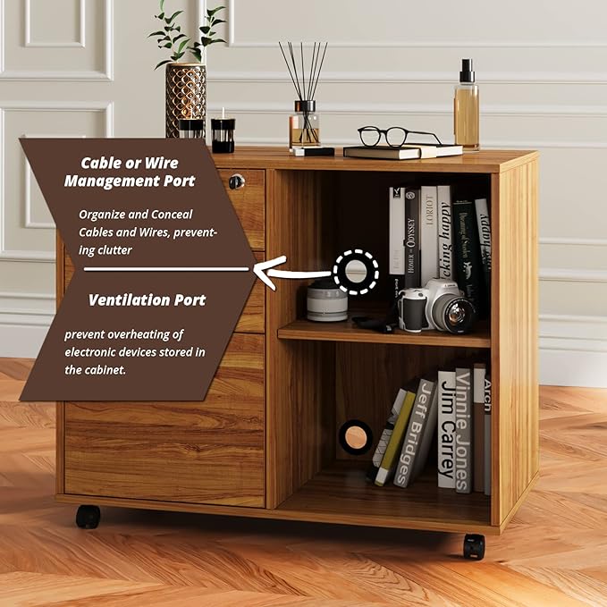 Maxtown Wood Filing Cabinet, Mobile Lateral Filing Cabinet with Lock, 3 Drawer Filing Cabinet with Open Storage Shelves, Printer Stand for Home Office, Teak - LeafyLoom