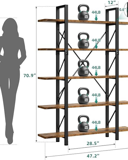 YITAHOME 5 Tier Bookshelf, 70.9" Tall Industrial Bookcase, Wide Open Display Storage Book Shelf for Living Room/Bedroom/Home/Office, Rustic Brown - LeafyLoom