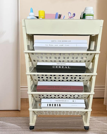 5 Tier Rolling Book Utility Cart, Removable Movable Bookshelf Organizer with Wheels, Storage Book Shelves, Book Rack for Study in Classroom Home School Office Light Yellow - LeafyLoom