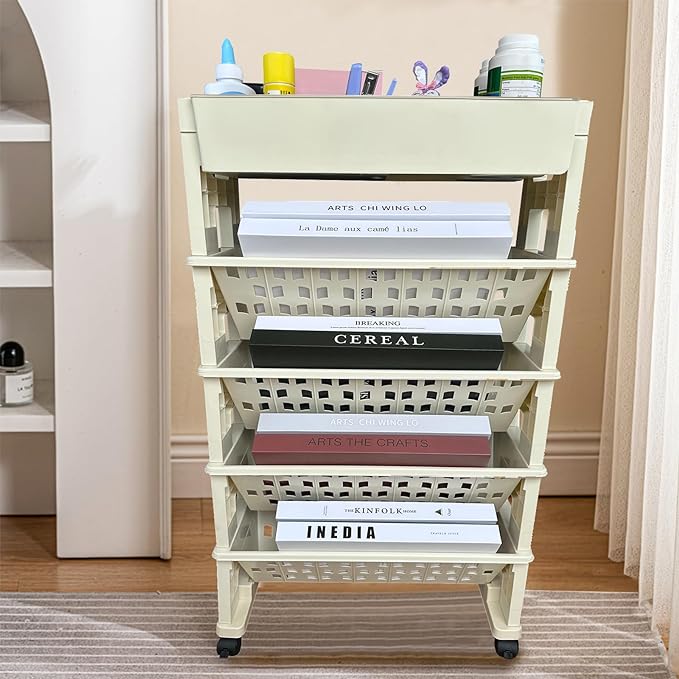 5 Tier Rolling Book Utility Cart, Removable Movable Bookshelf Organizer with Wheels, Storage Book Shelves, Book Rack for Study in Classroom Home School Office Light Yellow - LeafyLoom