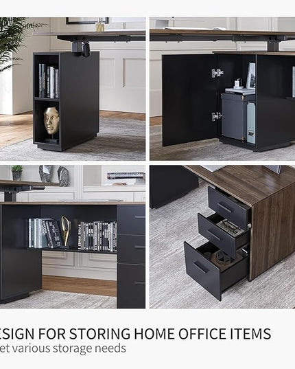 FEZIBO 63" L Shaped Executive Standing Desk with File Cabinet, Electric Height Adjustable, Black Walnut - LeafyLoom