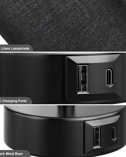 Black Bedside Lamp for Bedroom Nightstand - Small Table Lamp with USB A + C Charging Port, 3 Color Temperatures Pull Chain Night Stand Light with Bulb， Side Table Desk Reading Lamp for Living Room - LeafyLoom