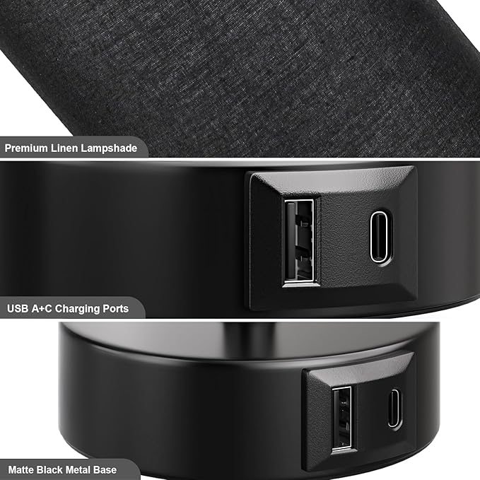 Black Bedside Lamp for Bedroom Nightstand - Small Table Lamp with USB A + C Charging Port, 3 Color Temperatures Pull Chain Night Stand Light with Bulb， Side Table Desk Reading Lamp for Living Room - LeafyLoom