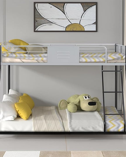 Metal Twin Over Full Bunk Bed, Heavy-Duty Sturdy Metal Frame with Safety Vent Board Guardrail, Low Bunk Beds for Kids, Teens, Adults, No Box Spring Needed - LeafyLoom