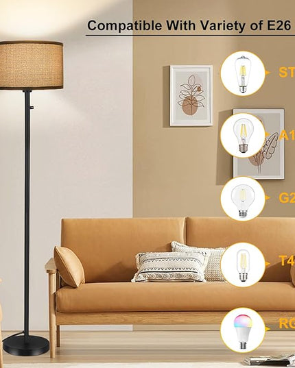 Floor Lamps for Living Room, Stepless Dimmable Standing Lamp, Modern Floor Lamp with Rotary Switch, Gray Linen Shade, 9W Led Bulb Included(1000LM,2700K), Tall Lamp for Bedroom, Office, Farmhouse - LeafyLoom