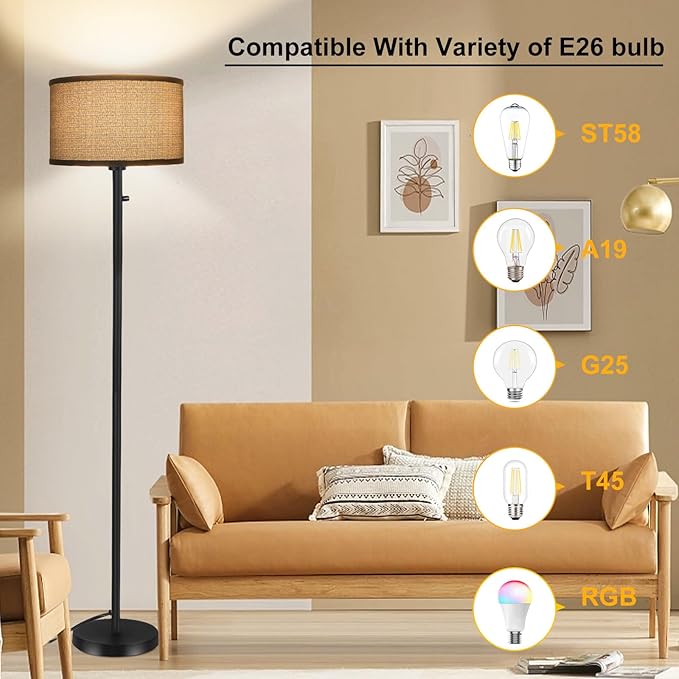 Floor Lamps for Living Room, Stepless Dimmable Standing Lamp, Modern Floor Lamp with Rotary Switch, Gray Linen Shade, 9W Led Bulb Included(1000LM,2700K), Tall Lamp for Bedroom, Office, Farmhouse - LeafyLoom