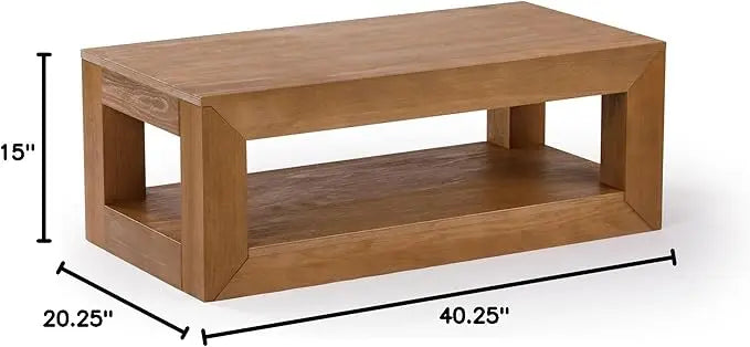 Plank+Beam Modern Rectangular Coffee Table with Shelf, Solid Wood, 40 Inch, Center Table with Storage, 2 Tier Tea Table for Living Room, Pecan Wirebrush - LeafyLoom