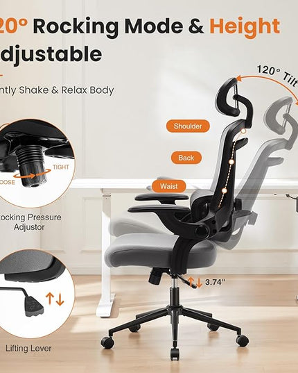 Ergonomic Office Chair, High Back Desk Chair with Adjustable Lumbar Support & Headrest,Comfortable Mesh Computer Chair with Soft Flip Up Arms, Adjustable Height and 120°Tilt,Grey - LeafyLoom
