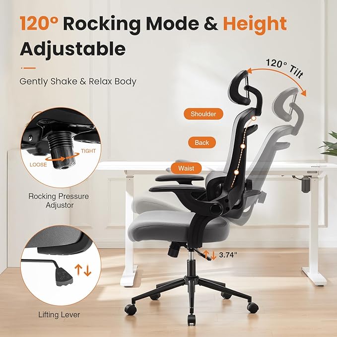 Ergonomic Office Chair, High Back Desk Chair with Adjustable Lumbar Support & Headrest,Comfortable Mesh Computer Chair with Soft Flip Up Arms, Adjustable Height and 120°Tilt,Grey - LeafyLoom