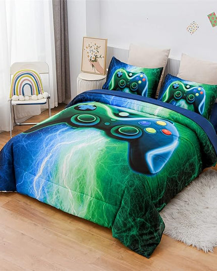 Meeting Story Gamer Gaming Bedding Sets Red Blue Lightnings Gamepad Comforter Set for Boys Games Console Action Buttons Novelty Colorful Modern Room Decor Home Quilt Set (Blue-Grenn, Queen 5Pcs) - LeafyLoom