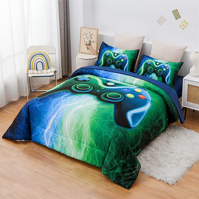 Meeting Story Gamer Gaming Bedding Sets Red Blue Lightnings Gamepad Comforter Set for Boys Games Console Action Buttons Novelty Colorful Modern Room Decor Home Quilt Set (Blue-Grenn, Queen 5Pcs) - LeafyLoom