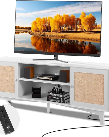 VEVOR Rattan TV Stand for 75in TV, Boho TV Stand with Rattan Door, Entertainment Center with Build-in Socket, Storage Cabinet with 2 Shelves, Modern TV Console for Living Room, Media Room, White - LeafyLoom