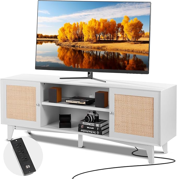 VEVOR Rattan TV Stand for 75in TV, Boho TV Stand with Rattan Door, Entertainment Center with Build-in Socket, Storage Cabinet with 2 Shelves, Modern TV Console for Living Room, Media Room, White - LeafyLoom