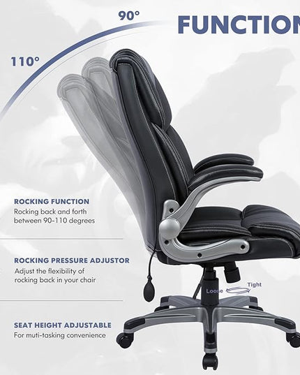 COLAMY High Back Executive Office Chair- Ergonomic Home Computer Desk Leather Chair with Padded Flip-up Arms, Adjustable Tilt Lock, Swivel Rolling Chair for Adult Working Study-Black - LeafyLoom