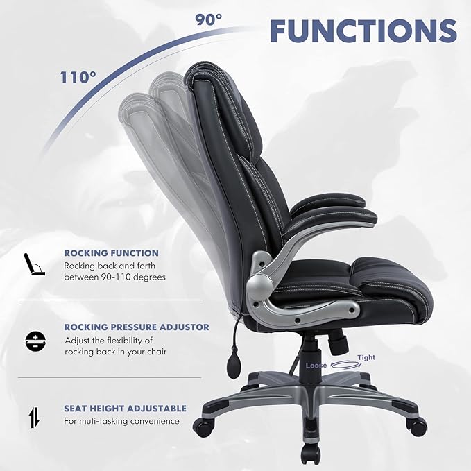 COLAMY High Back Executive Office Chair- Ergonomic Home Computer Desk Leather Chair with Padded Flip-up Arms, Adjustable Tilt Lock, Swivel Rolling Chair for Adult Working Study-Black - LeafyLoom