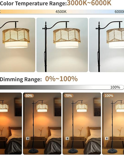Frideko Boho Floor Lamp with Remote Control & Dimmable LED Bulb, Rattan Standing Lamp with 3 Color Temperatures, Bright Farmhouse Floor Light, Rustic Corner Floor Lamp, Tall Floor Lamp for Living Room - LeafyLoom