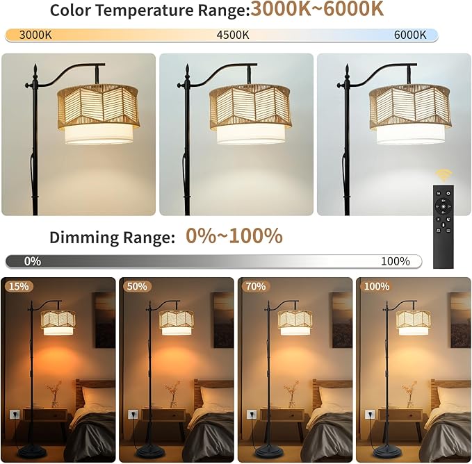 Frideko Boho Floor Lamp with Remote Control & Dimmable LED Bulb, Rattan Standing Lamp with 3 Color Temperatures, Bright Farmhouse Floor Light, Rustic Corner Floor Lamp, Tall Floor Lamp for Living Room - LeafyLoom