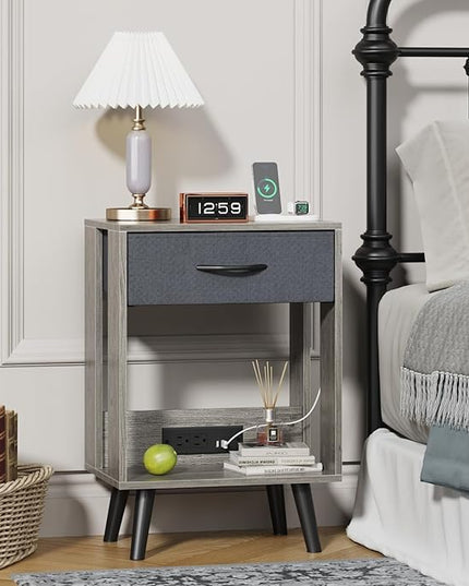 Nightstand with Charging Station and Fabric Drawer, Side Table with Storage for Bedroom, Night Stand with Open Wood Shelf for Bedroom, Bedside Tables - Gray - LeafyLoom