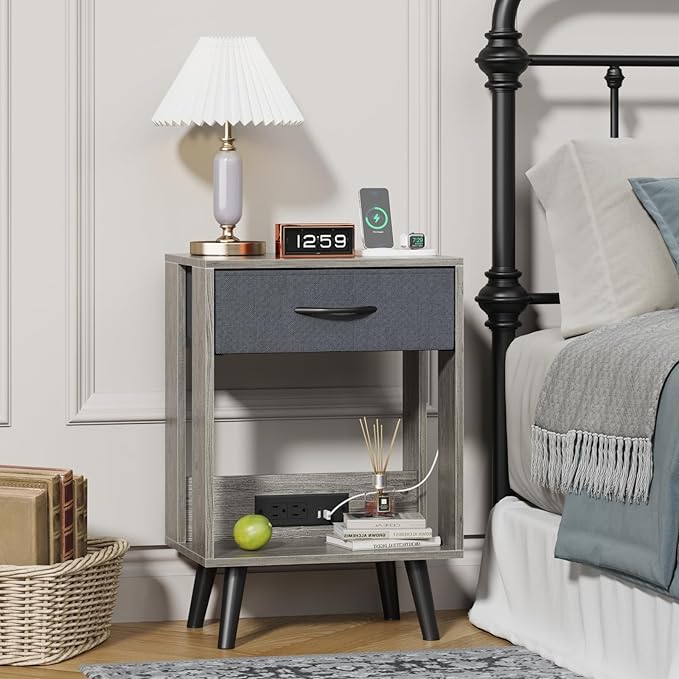Nightstand with Charging Station and Fabric Drawer, Side Table with Storage for Bedroom, Night Stand with Open Wood Shelf for Bedroom, Bedside Tables - Gray - LeafyLoom