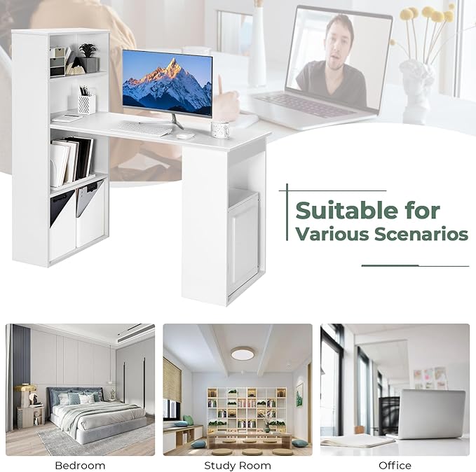 Computer Desk with Shelves, White - LeafyLoom