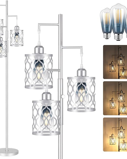 68" Farmhouse floor lamp, Dimmable Industrial Floor Lamps for Living Room, 3 Light Rustic Standing Tall Lamp Including 3 PCS 6W Edison Bulbs, Tree Floor Lamp for Bedrooms Room, Office, Bar, Silver - LeafyLoom