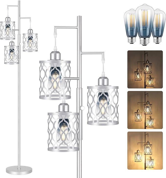 68" Farmhouse floor lamp, Dimmable Industrial Floor Lamps for Living Room, 3 Light Rustic Standing Tall Lamp Including 3 PCS 6W Edison Bulbs, Tree Floor Lamp for Bedrooms Room, Office, Bar, Silver - LeafyLoom