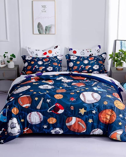 Wajade Sports Comforter Set Bed in A Bag Twin Size 7 Piece 3D Soccer Basketball Baseball Football Bedding Set for Kids Boys (1 Comforter, 1 Flat Sheet, 1 Fitted Sheet, 2 Pillowcase and 2 Pillow Sham) - LeafyLoom
