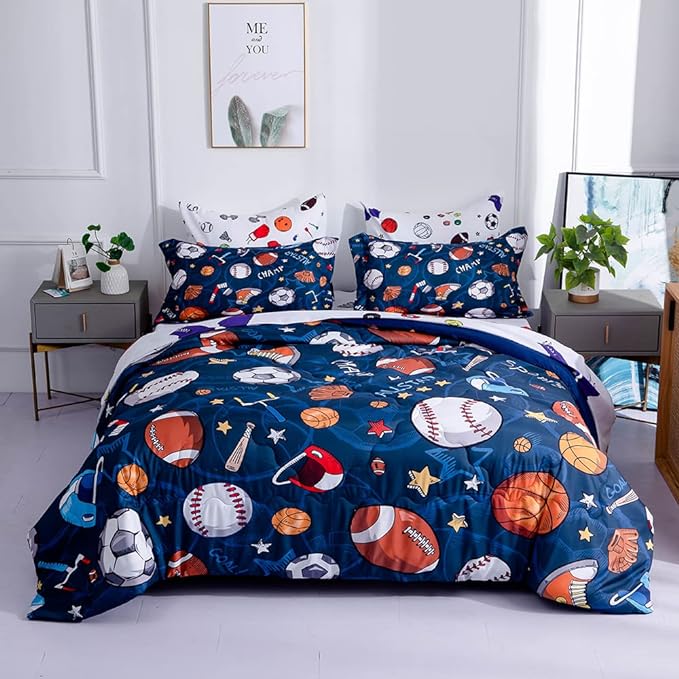 Wajade Sports Comforter Set Bed in A Bag Twin Size 7 Piece 3D Soccer Basketball Baseball Football Bedding Set for Kids Boys (1 Comforter, 1 Flat Sheet, 1 Fitted Sheet, 2 Pillowcase and 2 Pillow Sham) - LeafyLoom