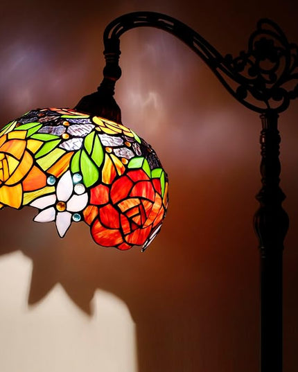 WERFACTORY Tiffany Floor Lamp Red Rose Flower Stained Glass Arched Lamp 10X18X64 Inches Gooseneck Adjustable Corner Standing Reading Light Decor Bedroom Living Room S001 Series - LeafyLoom