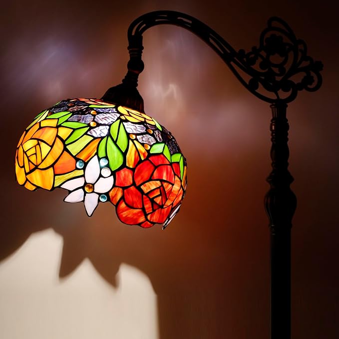 WERFACTORY Tiffany Floor Lamp Red Rose Flower Stained Glass Arched Lamp 10X18X64 Inches Gooseneck Adjustable Corner Standing Reading Light Decor Bedroom Living Room S001 Series - LeafyLoom