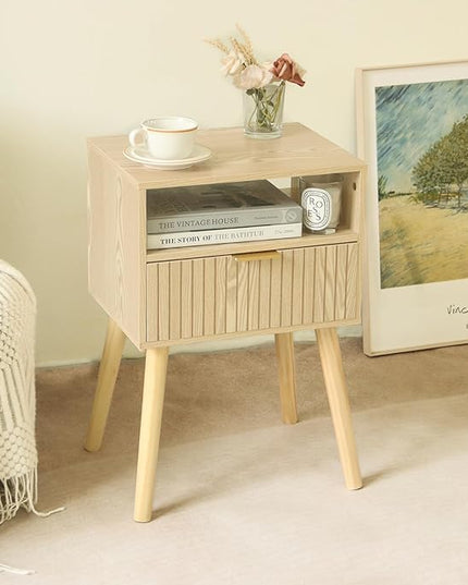MaxSmeo Small Nightstand Wood Bedside Table with Drawer, Modern End Table for Bedroom and Small Spaces, Solid Wood Legs, Easy Assembly, Natural - LeafyLoom