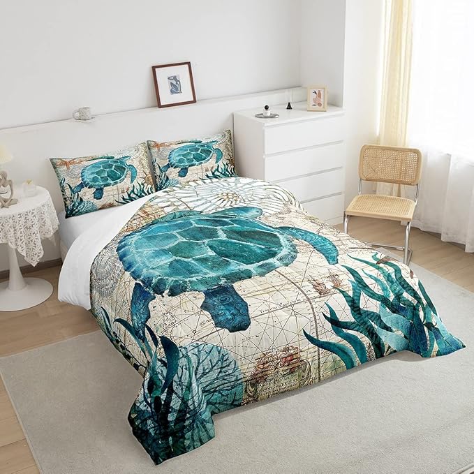 Turtle Bedding Teal Turtle Comforter Set Turquoise Ocean Themed Mediterranean Style Printed Design Ocean Turtle Down Comforter Quilted Duvet Set Queen Size 1 Comforter 2 Pillowcases (Queen, Turtle) - LeafyLoom