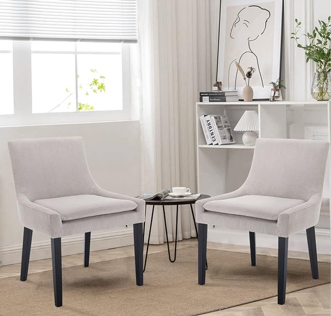 COLAMY Modern Dining Chairs Set of 4, Upholstered Corduroy Accent Side Leisure Chairs with Mid Back and Wood Legs for Living Room/Dining Room-Beige - LeafyLoom