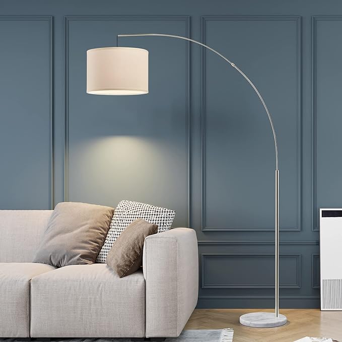 Oneach Modern Arc Floor Lamp for Living Room Arching Hanging Lamp Shade Over The Couch for Reading Bedroom Office Brushed Steel Arch Standing Floor Light Silver - LeafyLoom