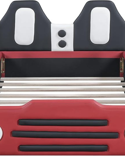Twin Size Race Car Bed Platform Bed with Wheels and Side Rails,Bed Frame W/Headboard & Slats Support,for Kids Boys Girls Teens,Red - LeafyLoom