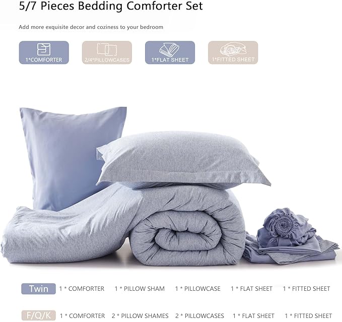 UNILIBRA Queen Comforter Set 7 Pieces Bed in a Bag - Blue Queen Soft Bed Set for All Seasons - Cationic Dyeing Bedding Comforter Sets with Comforter, Flat Sheet, Fitted Sheet, Pillowcases & Shams - LeafyLoom