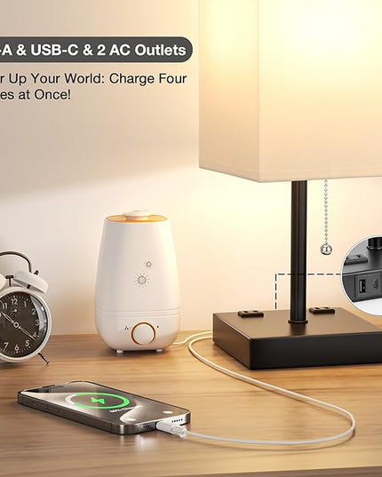 aooshine White Table Lamp for Bedside - 3 Color Temperature 3000K 5000K 4000K Bedroom Lamp, Pull Chain Control, USB A and C Ports, AC Outlets, Bulb Included, Medium - LeafyLoom