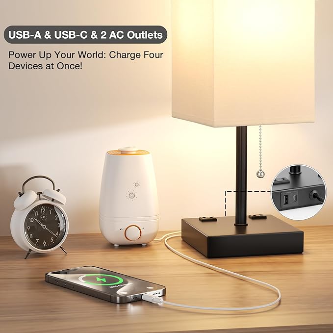 aooshine White Table Lamp for Bedside - 3 Color Temperature 3000K 5000K 4000K Bedroom Lamp, Pull Chain Control, USB A and C Ports, AC Outlets, Bulb Included, Medium - LeafyLoom