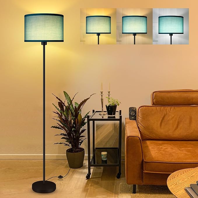 BoostArea Floor Lamp Standing Lamp, LED Floor Lamp with 3 Dimmable Levels, Simple Floor Lamp with Linen Lampshade, On/Off Footswitch, Black Floor Lamps for Living Room/Bedroom, Green(without Bulb) - LeafyLoom