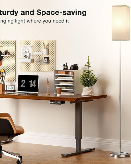 Ambimall Remote Control Floor Lamp, Stepless Dimmable, 64 Inches Tall, Include 9W Bulb, Standing Lamp for Living Room Bedroom Office (White & Sliver) - LeafyLoom