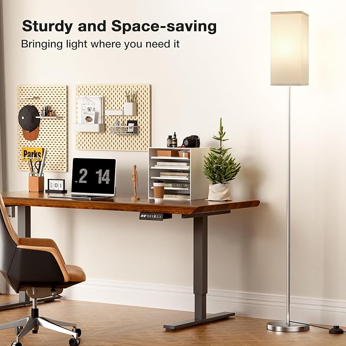 Ambimall Remote Control Floor Lamp, Stepless Dimmable, 64 Inches Tall, Include 9W Bulb, Standing Lamp for Living Room Bedroom Office (White & Sliver) - LeafyLoom
