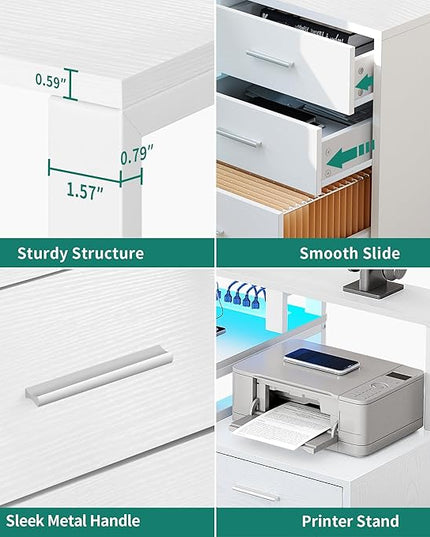 YITAHOME L Shaped Desk with 3 Drawers, 65" Corner Computer Desk with Power Outlets & LED Lights, L-Shaped Desk with File Cabinet & Printer Stand for Home Office, White - LeafyLoom