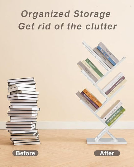 5 Tier Tree Bookshelf, Small Iron Corner Bookcase, Modern Book Shelf Storage Display Floor Standing Bookcase, Utility Organizer for CDs/Books/Home Office/Living/Bedroom Room- White - LeafyLoom
