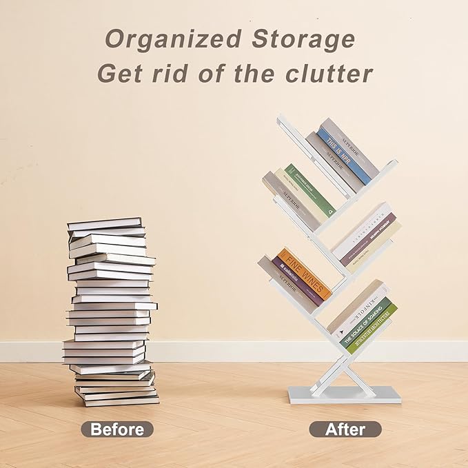 5 Tier Tree Bookshelf, Small Iron Corner Bookcase, Modern Book Shelf Storage Display Floor Standing Bookcase, Utility Organizer for CDs/Books/Home Office/Living/Bedroom Room- White - LeafyLoom